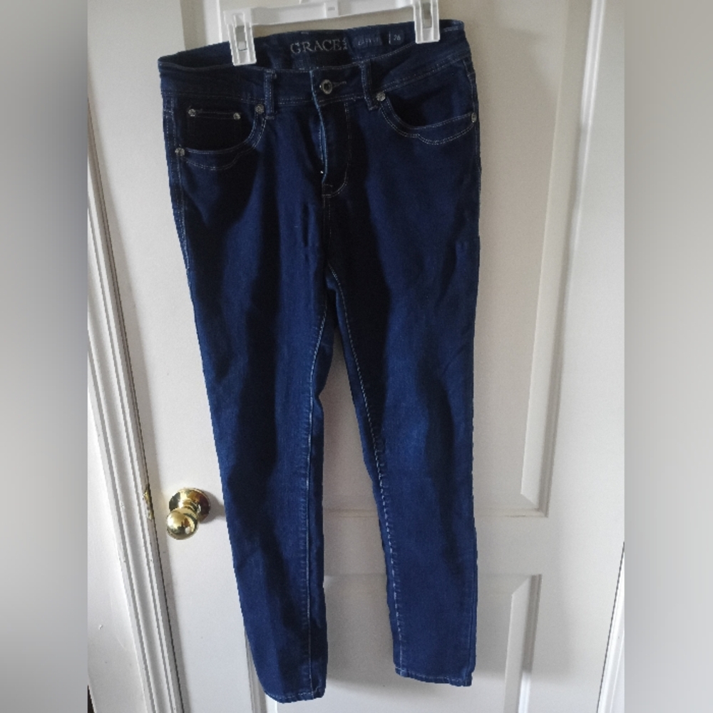 Grace In LA Women's Deep Blue Rinstone Pocket Jeans